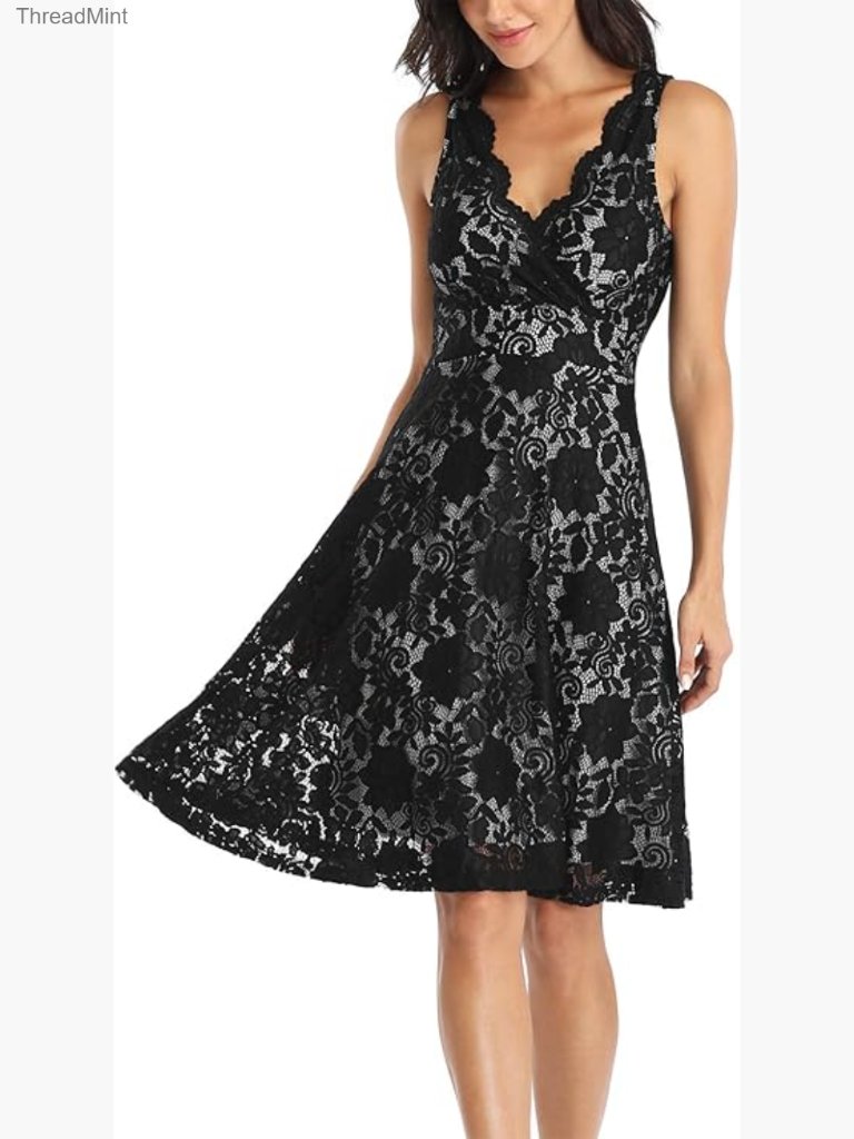 Floral Lace Overlay Fit And Flare Dress V-Neck Knee Length Elegant Party Dress